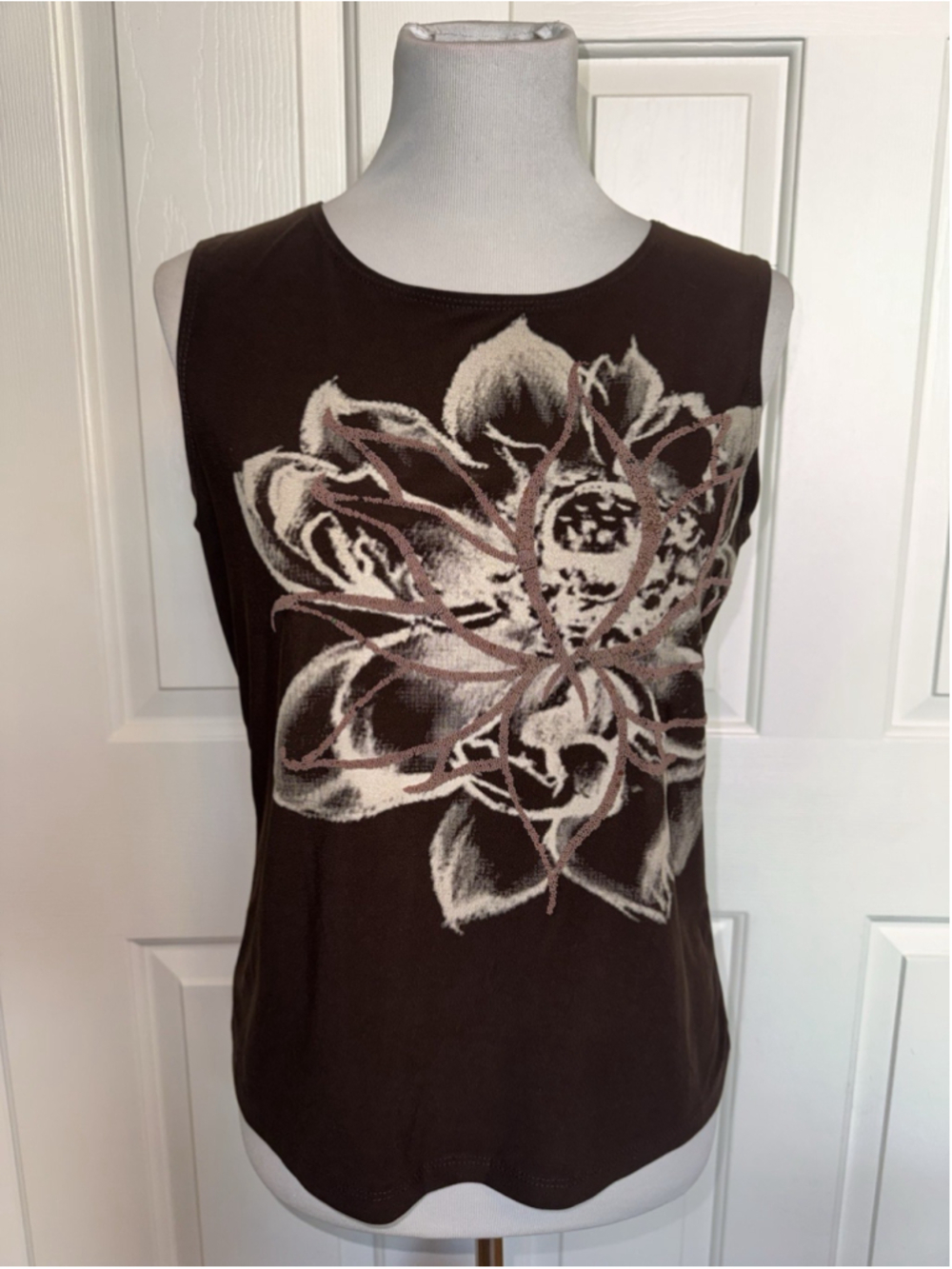 Vintage Y2K Bleecker McDougal Beaded Floral Tank Top Brown 2000s Made USA Large